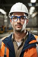 sur de soi Beau ouvrier dans uniforme et sûr à lieu de travail par ai génératif photo