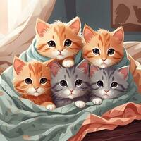 une groupe de adorable chatons câliné en haut ensemble dans une confortable couverture fort illustration art par ai génératif photo