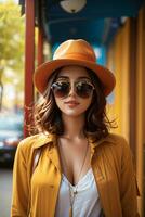 femme dans moderne vêtements avec des lunettes de soleil par ai génératif photo