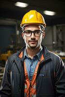 sur de soi Beau ouvrier dans uniforme et sûr à lieu de travail par ai génératif photo