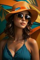 femme dans moderne vêtements avec des lunettes de soleil par ai génératif photo