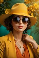 femme dans moderne vêtements avec des lunettes de soleil par ai génératif photo