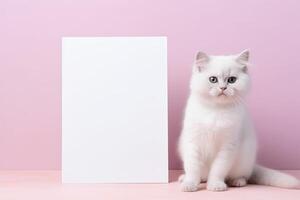 mignonne blanc chaton séance suivant à une Vide signe sur une rose Contexte ai génératif photo