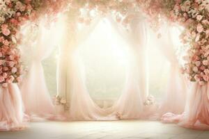 magnifique rose des roses et tulle rideaux dans une pièce romantique et élégant ai génératif photo