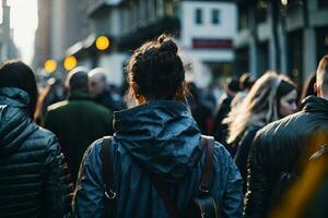 anonyme foule de gens en marchant sur ville rue. ai généré photo