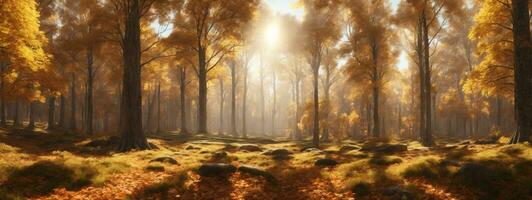 panoramique ensoleillé forêt dans l'automne. ai généré photo