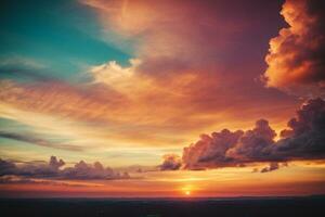 Contexte de coloré ciel concept, spectaculaire le coucher du soleil avec crépuscule Couleur ciel et des nuages. ai généré photo