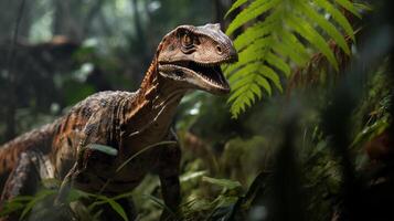 photo de velociraptor Rex dans le jungle. génératif ai