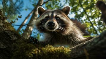 photo de raton laveur dans là forêt avec bleu ciel. génératif ai