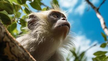 photo de singe dans là forêt avec bleu ciel. génératif ai