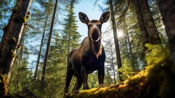 photo de élan dans là forêt avec bleu ciel. génératif ai