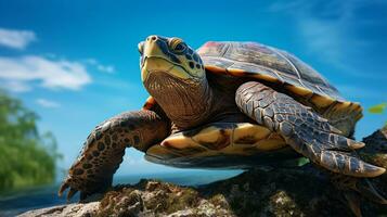 photo de une tortue en dessous de bleu ciel. génératif ai