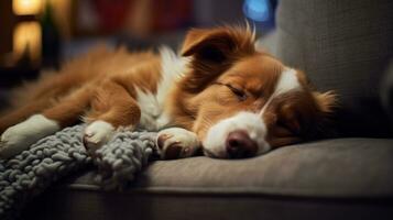 photo de une somnolent chien confortablement se blottit sur une confortable canapé dans une confortable vivant chambre. génératif ai