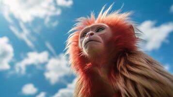 photo de une uakari singe en dessous de bleu ciel. génératif ai