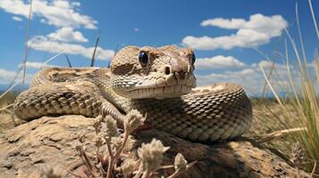 photo de une sidewinder serpent à sonnette dans une désert avec bleu ciel. génératif ai