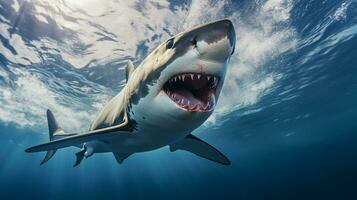 photo de une requin en dessous de bleu ciel. génératif ai