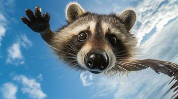 photo de une raton laveur en dessous de bleu ciel. génératif ai