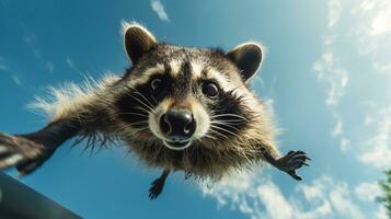 photo de une raton laveur en dessous de bleu ciel. génératif ai