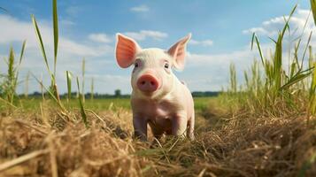 photo de une porc dans le les terres agricoles. génératif ai