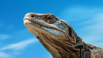 photo de une moniteur lézard en dessous de bleu ciel. génératif ai