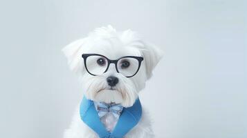 photo de une maltais chien en utilisant lunettes isolé sur blanc Contexte. génératif ai