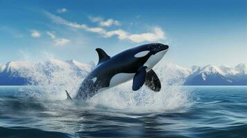 photo de une tueur baleine en dessous de bleu ciel. génératif ai