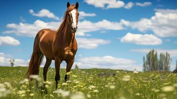 photo de une cheval dans le les terres agricoles. génératif ai