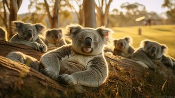 photo de une troupeau de koala repos dans un ouvert zone sur le savane. génératif ai