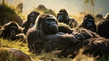 photo de une troupeau de gorille repos dans un ouvert zone sur le savane. génératif ai