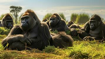 photo de une troupeau de gorille repos dans un ouvert zone sur le savane. génératif ai