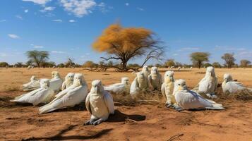 photo de une troupeau de cacatoès repos dans un ouvert zone sur le savane. génératif ai