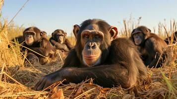 photo de une troupeau de chimpanzé repos dans un ouvert zone sur le savane. génératif ai