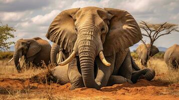 photo de une troupeau de africain l'éléphant repos dans un ouvert zone sur le savane. génératif ai