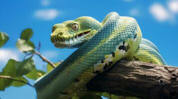 photo de une vert arbre python en dessous de bleu ciel. génératif ai