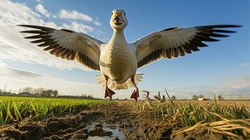 photo de une OIE dans le les terres agricoles. génératif ai