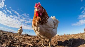 photo de une poulet dans le les terres agricoles. génératif ai