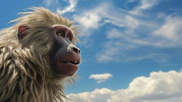 photo de une babouin en dessous de bleu ciel. génératif ai