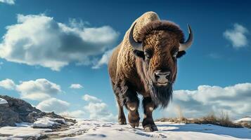 photo de une bison en dessous de bleu ciel. génératif ai