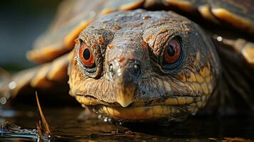 fermer photo de une claquer tortue à la recherche dans leur habitat. génératif ai