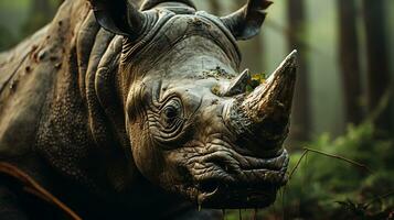 fermer photo de une rhinocéros à la recherche tout direction sur jungle. génératif ai