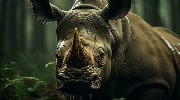 fermer photo de une rhinocéros à la recherche tout direction sur jungle. génératif ai