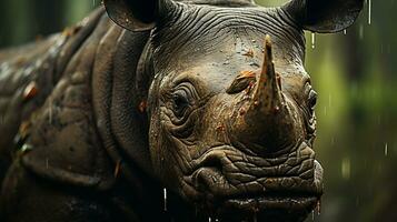 fermer photo de une rhinocéros à la recherche tout direction sur jungle. génératif ai