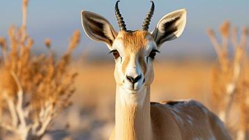 fermer photo de une le sable gazelle à la recherche tout direction dans le désert. génératif ai