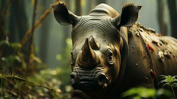 fermer photo de une rhinocéros à la recherche tout direction sur jungle. génératif ai