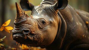 fermer photo de une rhinocéros à la recherche tout direction sur jungle. génératif ai