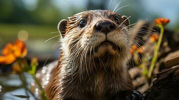 fermer photo de une loutre à la recherche tout direction. génératif ai