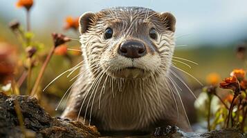 fermer photo de une loutre à la recherche tout direction. génératif ai