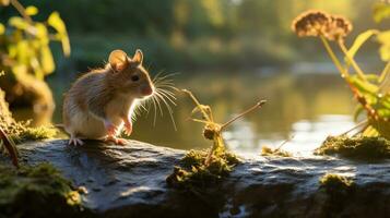 fermer photo de une Souris à la recherche dans leur habitat. génératif ai