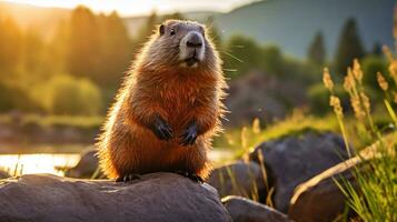 fermer photo de une marmotte à la recherche dans leur habitat. génératif ai
