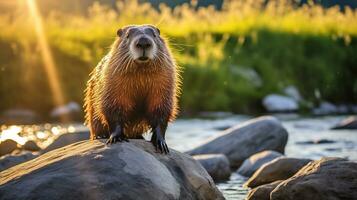 fermer photo de une marmotte à la recherche dans leur habitat. génératif ai